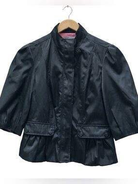 Mac & Jac Black Peplum Jacket Sz 6 Puff 3/4 Sleeve Office Career Blazer EUC